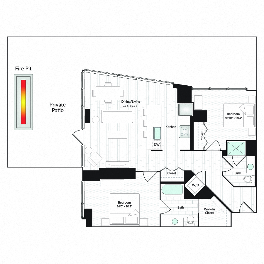 Floor plan for 2 beds, 2 baths, 1188 sqft